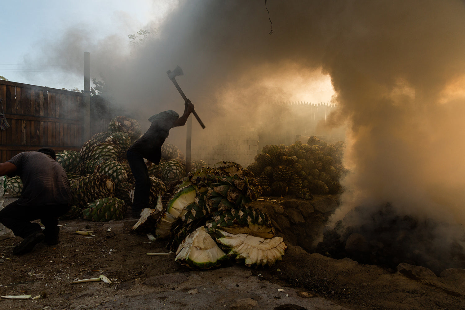 Mezcal made in the old ways. Chopping the piñas before the roast. Artisanal production in Oaxaca Mexico.